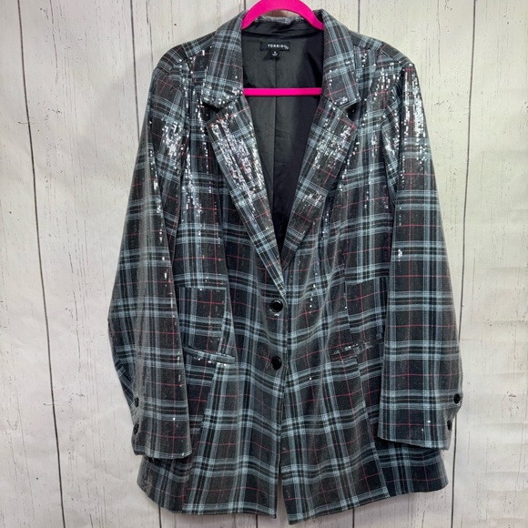 Torrid Plaid Sequin Blazer Gray Black Chic Glam Plus Size 5X Casual Artsy - Picture 2 of 15
